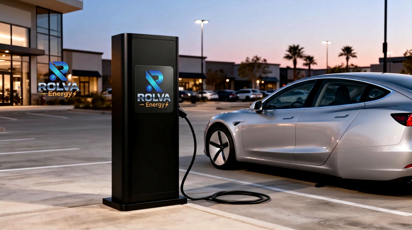 Cargador rápido DC ROLVA ENERGY con vehículo eléctrico conectado en estacionamiento comercial