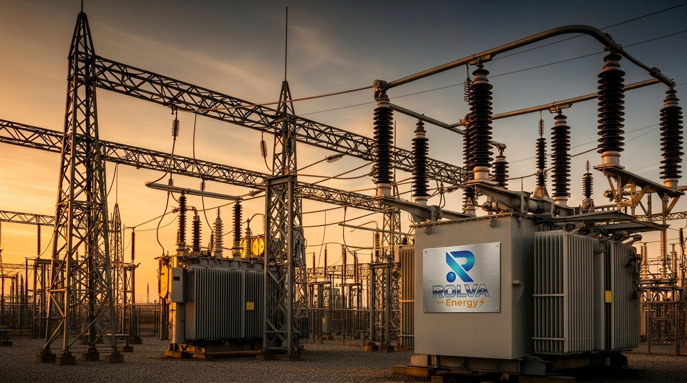 Subestación eléctrica industrial al atardecer con transformadores de alta tensión